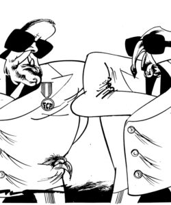 – 1996-Grande-Prémio-SNC
«Máfia», 1996 (Grande Prémio do X Salão Nacional de Caricatura 1996; col. Osvaldo Macedo de Sousa).
O tema do futebol sob um olhar de crítica social, mas também política, pois os principais clubes são por vezes instrumentalizados por interesses obscuros. No caso, trata-se do Futebol Clube do Porto e do Sporting Clube de Portugal (mas podiam ser outros os exemplos), respectivamente personificados nos seus líderes de então Jorge Nuno Pinto da Costa (1937-2025) e Santana Lopes.