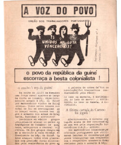 Capa do «Suplemento Emigração n.º 3» de A Voz do Povo, 1/1971 (col. Daniel Melo; cortesia de Carlos Pinto dos Santos). A unidade do povo português na luta antifascista fez parte do ideário de muitas organizações que se diziam suas representantes, incluindo das responsáveis por este «suplemento», os grupos de Estudo «Che» Guevara e O Povo Vencerá (este também ligado ao jornal O Comunista). A ilustração de Vasco singular no retrato dessa unidade, pois junta às habituais figurações do operário e do camponês um soldado e uma mulher. Este boletim informativo foi o «Órgão dos Trabalhadores Portugueses na Emigração», depois «Órgão dos Trabalhadores Portugueses».