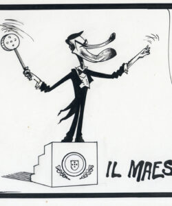 «Il Maestro» [Cavaco Silva], 19/3/2006, 20,5 x 28,9 cm (col. EGEAC/Museu Bordalo Pinheiro).
Aníbal Cavaco Silva foi primeiro-ministro de Portugal em 1985-95 (década por vezes definida como «cavaquismo», pela sua forte marca e carisma pessoais) e Presidente da República Portuguesa em 2006-16. Presentemente é membro do Conselho de Estado.