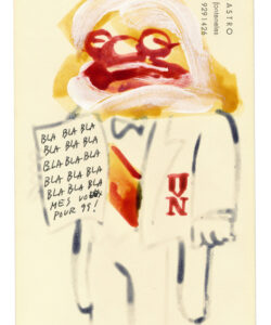 Cartão de boas-festas «Bla Bla Bla… Mês voeux pour 99!» [auto-retrato de Vasco], 1999, 21 x 10,1 cm (col. EGEAC/Museu Bordalo Pinheiro).