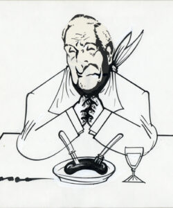 Desenho s.t. [Salazar a almoçar], s.d., tinta da china, 20,5 x 29,5 cm (col. EGEAC/Museu Bordalo Pinheiro).
Após o regresso do exílio, Vasco teve em Salazar um dos seus alvos predilectos, em jeito de exorcismo e de ajuste de contas com um dos ditadores mais tempo firmado no poder. A caricatura anti-Salazar existiu durante a ditadura, embora com tom velado, ou então circulando clandestinamente. Contudo, Vasco parece só lhe ter prestado atenção no regresso a Lisboa, centrando-se antes em Franco, pois era um alvo mais reconhecido pelo auditório francês a que então se dirigia.