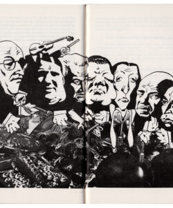 Cartoon-colagem a ilustrar o texto «A jantarada», in Textos de guerrilha de Luiz Pacheco, Lisboa, Ler, 1979, 1.ª série, pp. 76-77 (capa de Celeste Dias Santos; col. Pedro Piedade Marques).
Nesta edição pouco posterior à do álbum Situações, faces & formas, Vasco ensaiava já a caricatura de figuras da cultura e da política portuguesas, de que o seu portefólio exibirá magníficos exemplos a partir de finais da década de 1970 e ao longo da seguinte (na ilustração, podem ver-se David Mourão Ferreira, Manoel de Oliveira, João Gaspar Simões, Sarah Afonso, Mário Soares, Maria Velho da Costa, Abel Manta, Fernando Namora e Manuel Alegre).