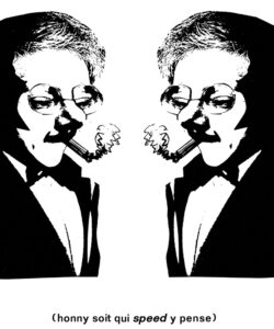 Reprodução de caricatura «(honny soit qui speed y pense)», in "Vida e obra exemplares de Fernando Pessoa", Lisboa, Ulmeiro, 1985, p. 5
(col. Daniel Melo). Este auto-retrato mostra Vasco enquanto duplo heterónimo de Fernando Pessoa (ou dele próprio) e inaugurou uma colecção, Speed, de que ele foi director editorial, mas só viria a ter este número.