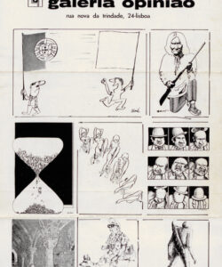 Capa do programa da exposição «8 desenhadores satíricos de Paris», Lisboa, Galeria Opinião, Agosto de 1974 (BNP/ ACPC / D6, cx. 58, pt.ª Clube Opinião, 1974-75) (col. Espólio Ernesto de Sousa, Biblioteca Nacional de Portugal).
A 1.ª mostra realizada por Vasco aquando do seu regresso do exílio recupera as que fizera em Bruxelas e Paris e reúne o núcleo duro de amigos que então o acompanhara (em versão «ampliada»). Este grupo representava a nova geração de cartoonistas que irrompeu na França dos anos 1960/70. Nesta mostra, Vasco introduz alguns dos seus amigos da nova geração francesa do cartoon, como Barbe, Cardon, Kerleroux, Mose, Nicoulaud e Soulas, para além do já veterano Siné.