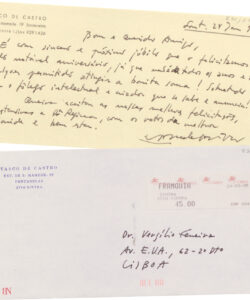 Cartão manuscritos de Vasco para Vergílio Ferreira, datado de 24 de Janeiro de 1996, e envelope com a franquia de 24 de Março de 1995 (col. Espólio Vergílio Ferreira, Biblioteca Nacional de Portugal).